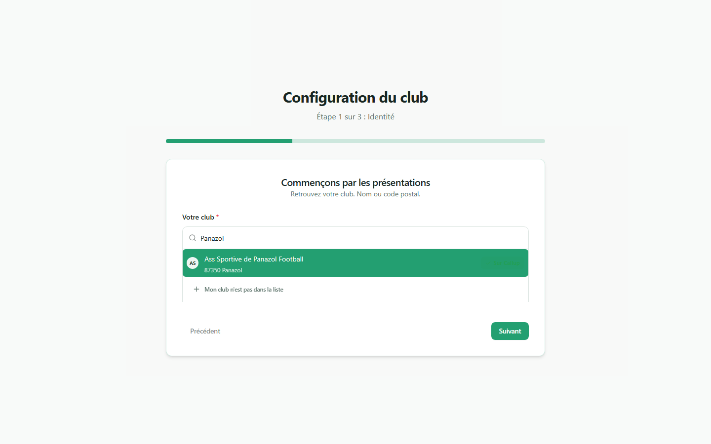 Onboarding de création du club