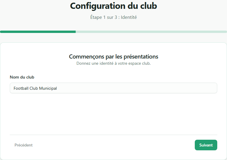 Onboarding de création du club