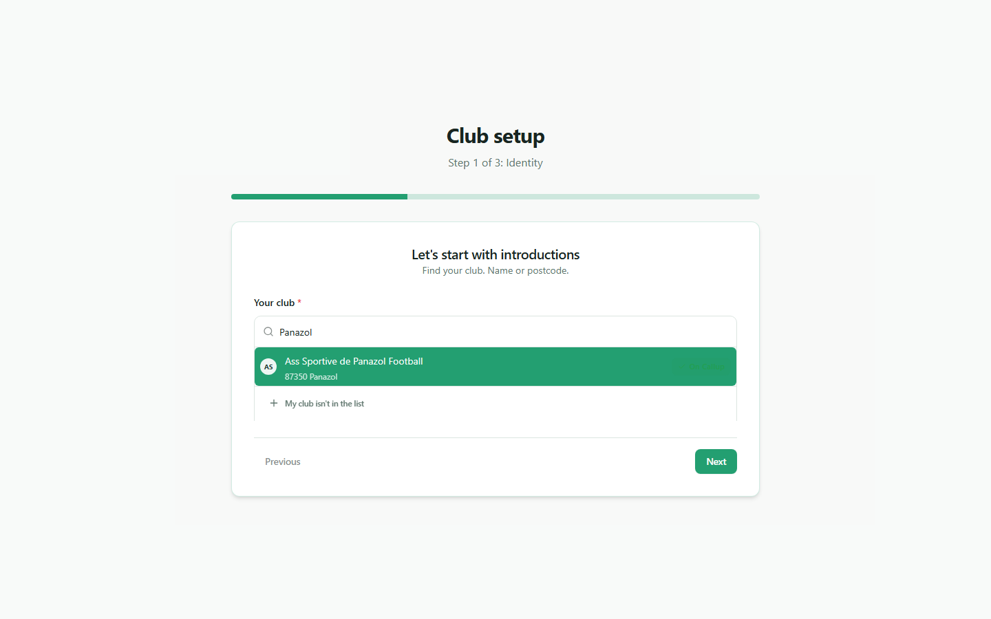 Club setup onboarding