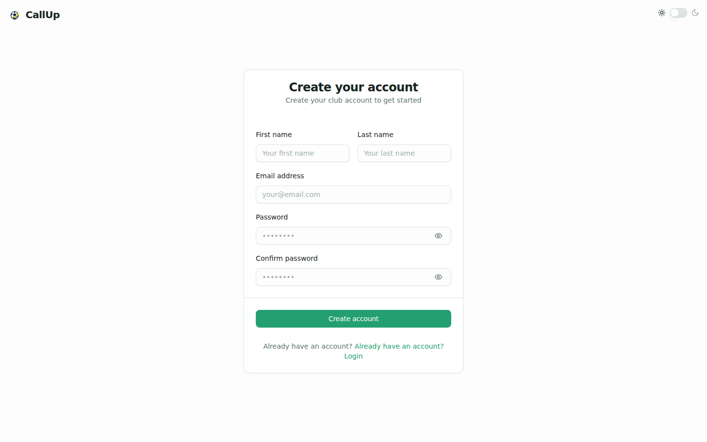 Registration screen